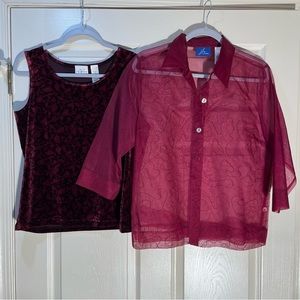 100% Silk sheer top, 3/4 sleeve, embroidery, and free matching velvet feel shell